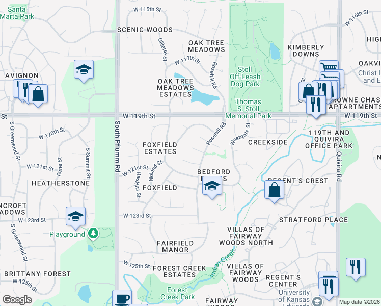 map of restaurants, bars, coffee shops, grocery stores, and more near 12702 West 121st Street in Overland Park