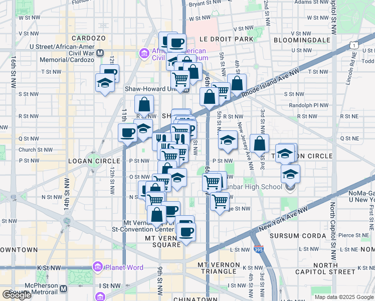 map of restaurants, bars, coffee shops, grocery stores, and more near 1525 7th Street Northwest in Washington