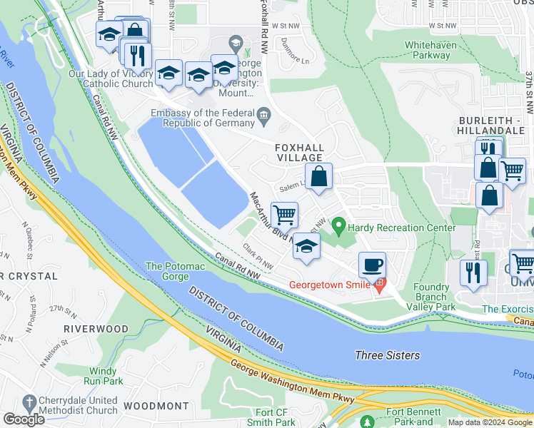 map of restaurants, bars, coffee shops, grocery stores, and more near 4585 MacArthur Boulevard Northwest in Washington