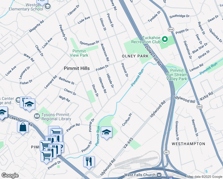 map of restaurants, bars, coffee shops, grocery stores, and more near 2002 Hillside Drive in Falls Church