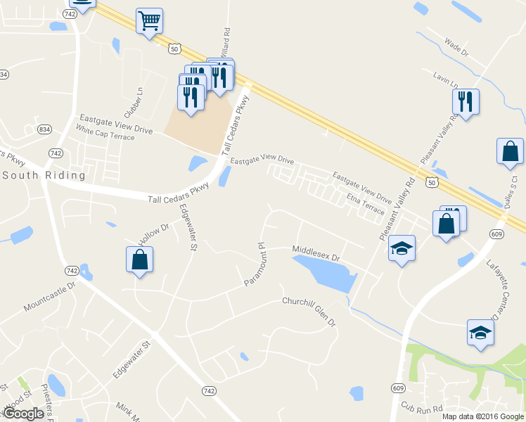 map of restaurants, bars, coffee shops, grocery stores, and more near 25543 Thornburg Court in Chantilly