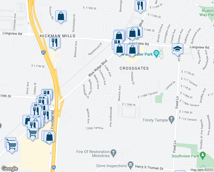 map of restaurants, bars, coffee shops, grocery stores, and more near 11727 Fremont Avenue in Kansas City