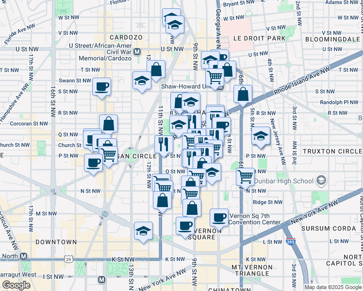 map of restaurants, bars, coffee shops, grocery stores, and more near 1503 10th Street Northwest in Washington