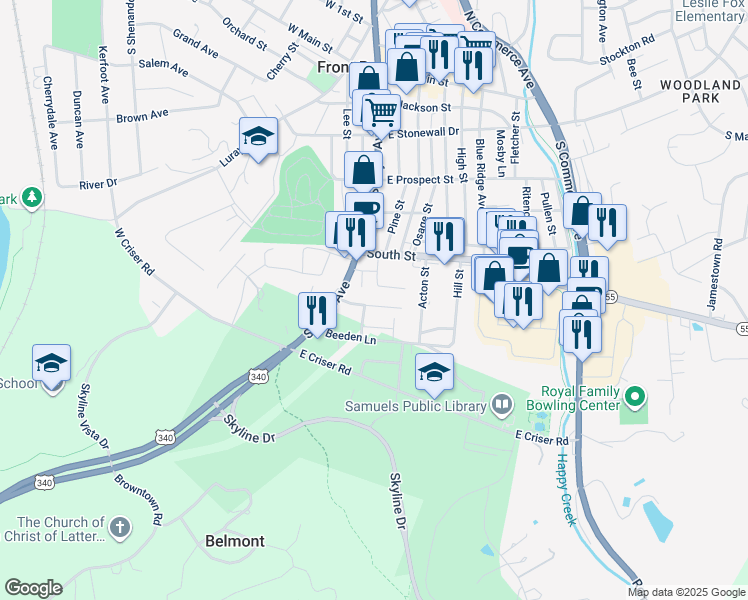 map of restaurants, bars, coffee shops, grocery stores, and more near 108 Steele Avenue in Front Royal