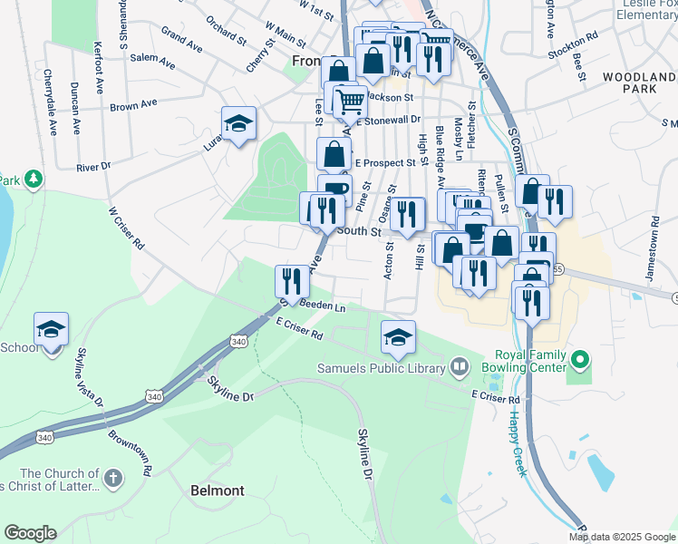 map of restaurants, bars, coffee shops, grocery stores, and more near 104 Steele Avenue in Front Royal