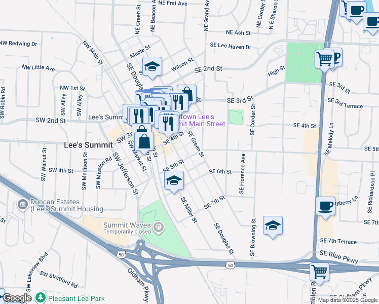 map of restaurants, bars, coffee shops, grocery stores, and more near 415 Southeast Douglas Street in Lee's Summit