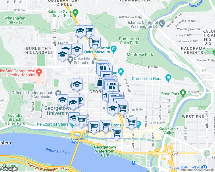map of restaurants, bars, coffee shops, grocery stores, and more near Wisconsin Avenue Northwest & Q Street Northwest in Washington