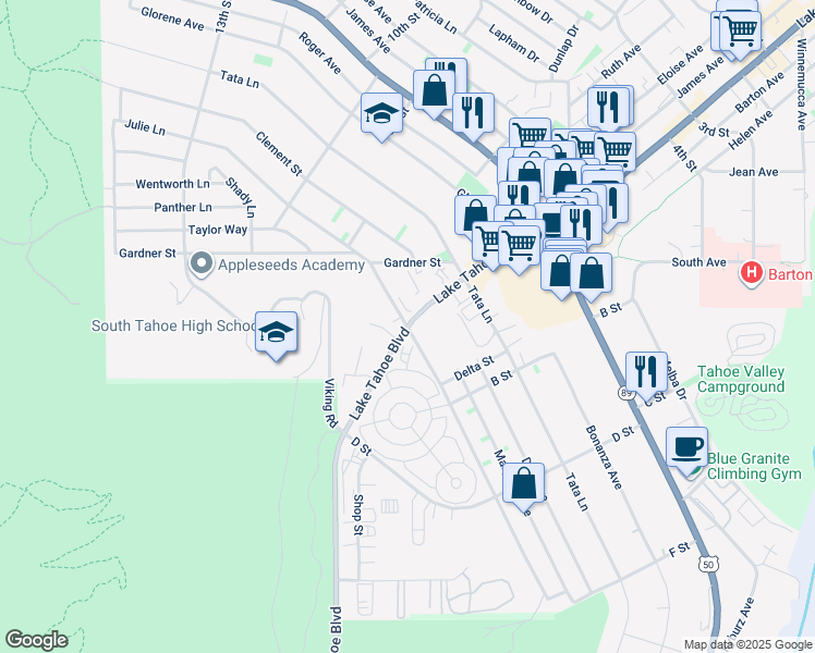 map of restaurants, bars, coffee shops, grocery stores, and more near 998 Julie Lane in South Lake Tahoe