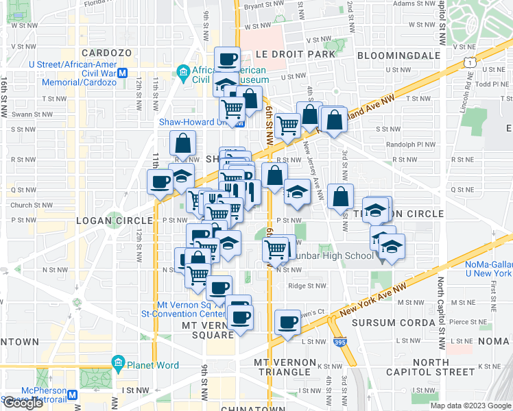 map of restaurants, bars, coffee shops, grocery stores, and more near 1521 Marion Street Northwest in Washington