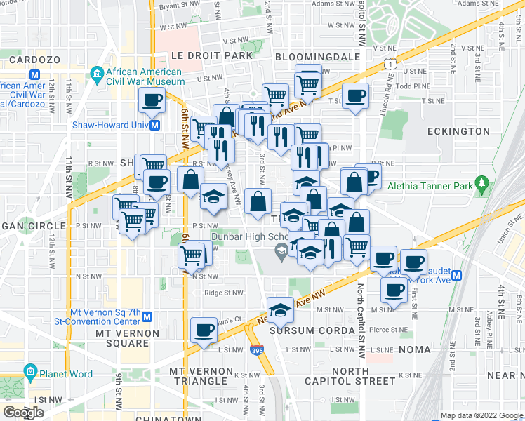 map of restaurants, bars, coffee shops, grocery stores, and more near 3rd St NW & Bates St NW in Washington