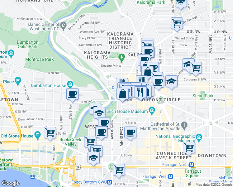 map of restaurants, bars, coffee shops, grocery stores, and more near 2201 P Street Northwest in Washington