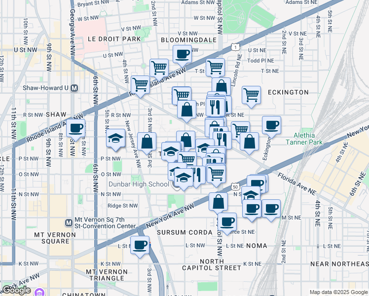 map of restaurants, bars, coffee shops, grocery stores, and more near 1st Street Northwest in Washington