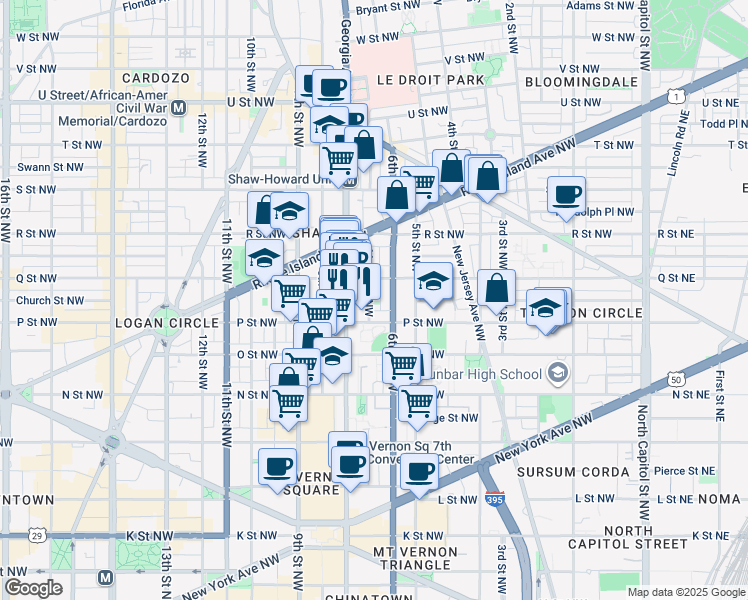 map of restaurants, bars, coffee shops, grocery stores, and more near 1521 Marion Street Northwest in Washington