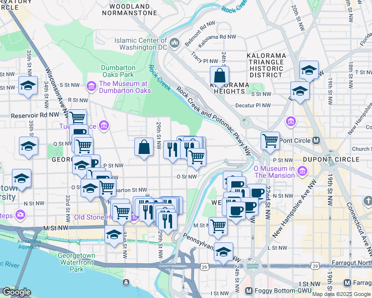 map of restaurants, bars, coffee shops, grocery stores, and more near 2700 Q Street Northwest in Washington