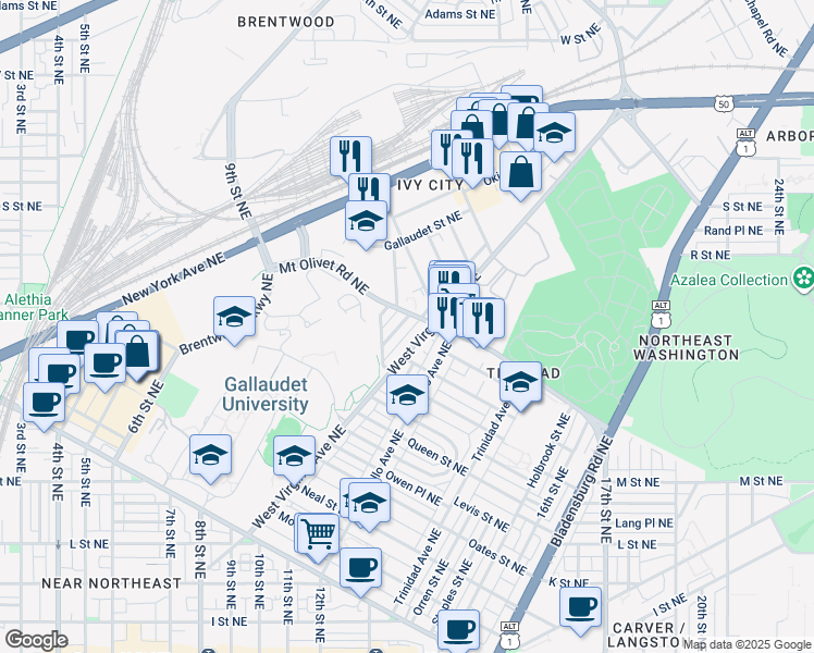 map of restaurants, bars, coffee shops, grocery stores, and more near 1721 Capitol Avenue Northeast in Washington
