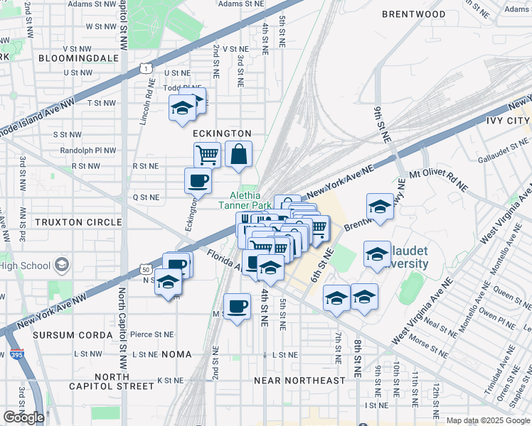 map of restaurants, bars, coffee shops, grocery stores, and more near 460 New York Avenue Northeast in Washington