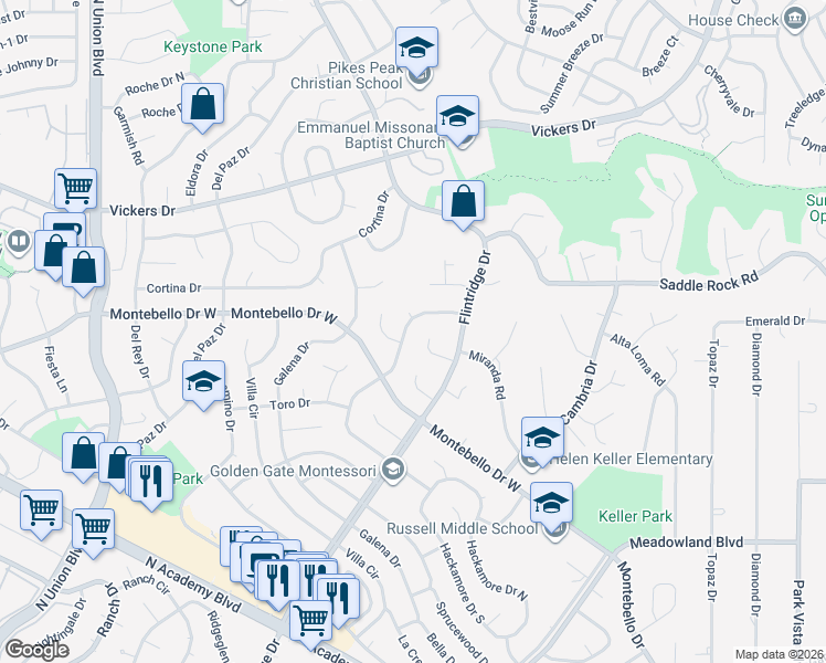 map of restaurants, bars, coffee shops, grocery stores, and more near 5389 Mira Loma Circle in Colorado Springs