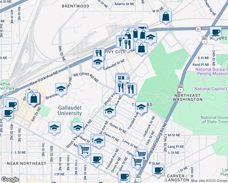 map of restaurants, bars, coffee shops, grocery stores, and more near 101 Independence Avenue Southeast in Washington