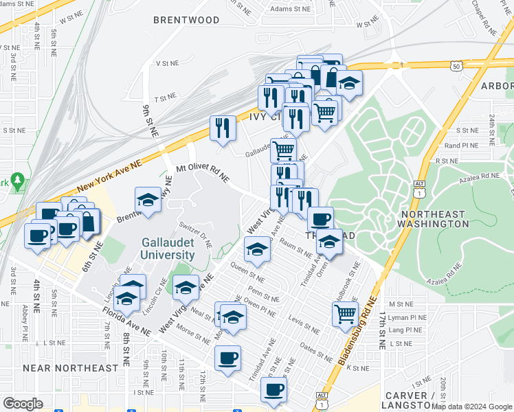 map of restaurants, bars, coffee shops, grocery stores, and more near 1721 Capitol Avenue Northeast in Washington
