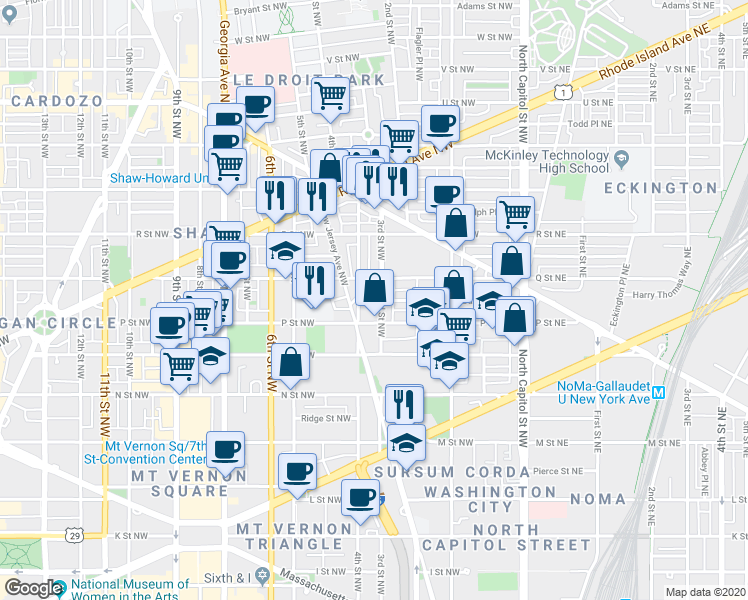 map of restaurants, bars, coffee shops, grocery stores, and more near 101 Independence Avenue Southeast in Washington