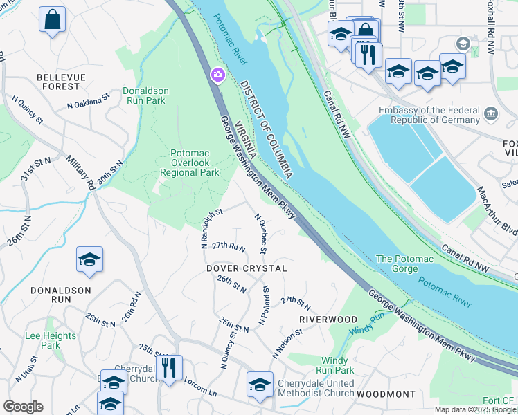 map of restaurants, bars, coffee shops, grocery stores, and more near 2795 North Quebec Street in Arlington