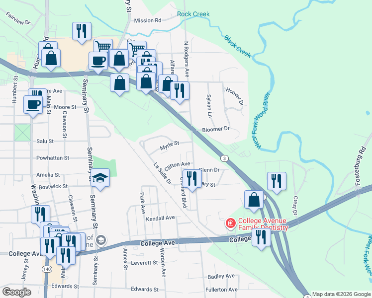 map of restaurants, bars, coffee shops, grocery stores, and more near 2210 Orchard Boulevard in Alton