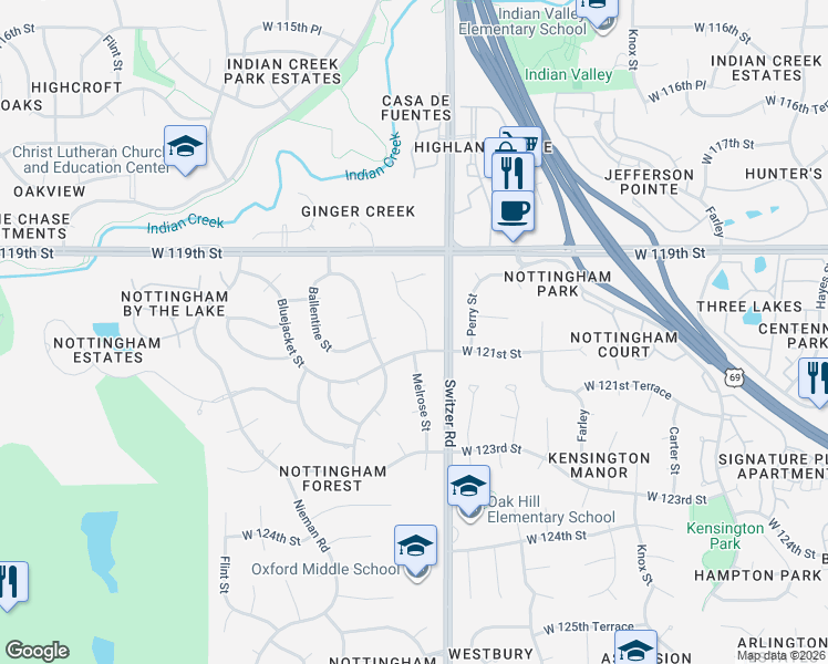 map of restaurants, bars, coffee shops, grocery stores, and more near 10514 West 121st Street in Overland Park