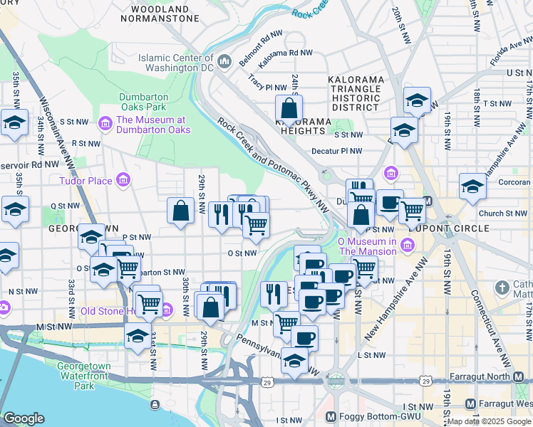 map of restaurants, bars, coffee shops, grocery stores, and more near 2528 Q Street Northwest in Washington