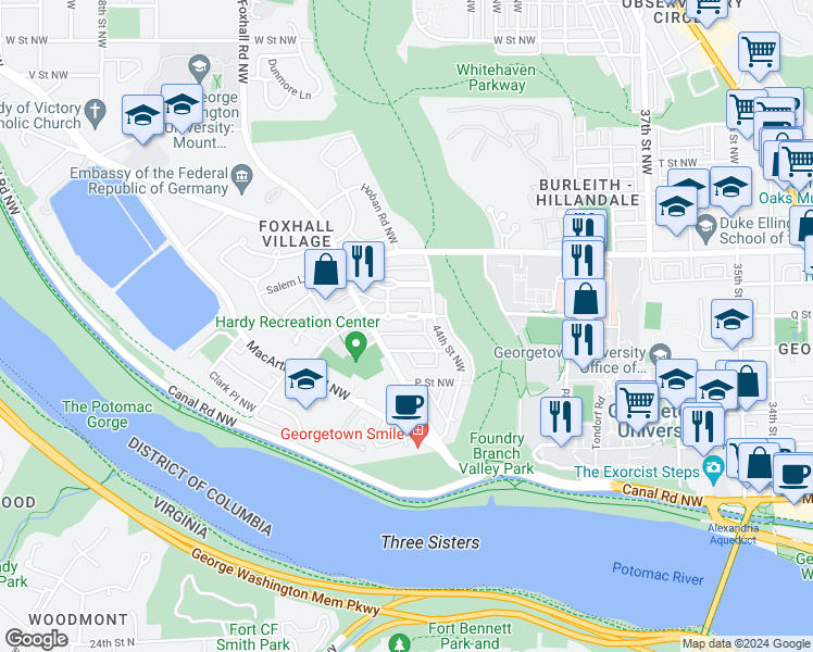 map of restaurants, bars, coffee shops, grocery stores, and more near 4430 Q Street Northwest in Washington