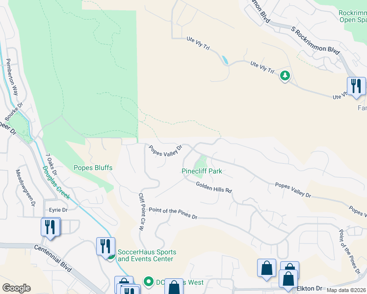 map of restaurants, bars, coffee shops, grocery stores, and more near 935 Popes Valley Drive in Colorado Springs