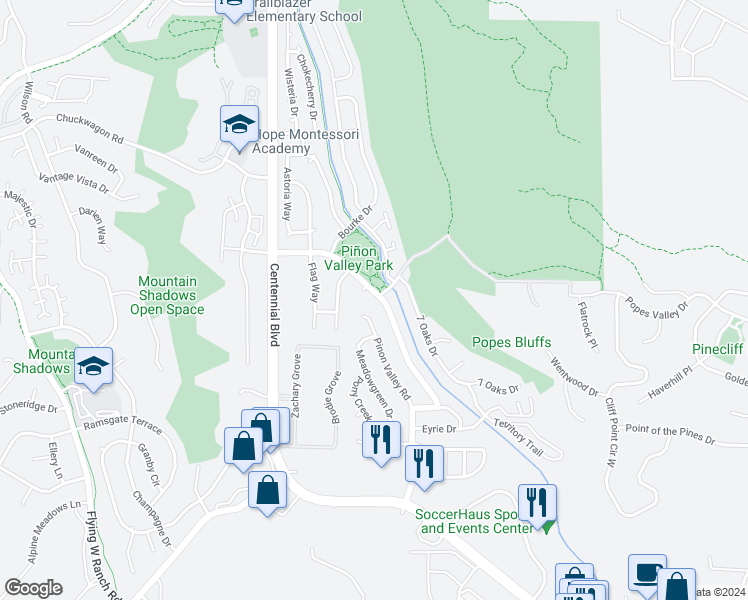 map of restaurants, bars, coffee shops, grocery stores, and more near 5480 Mule Deer Drive in Colorado Springs