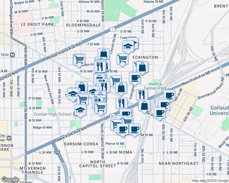 map of restaurants, bars, coffee shops, grocery stores, and more near 50 Florida Avenue Northeast in Washington
