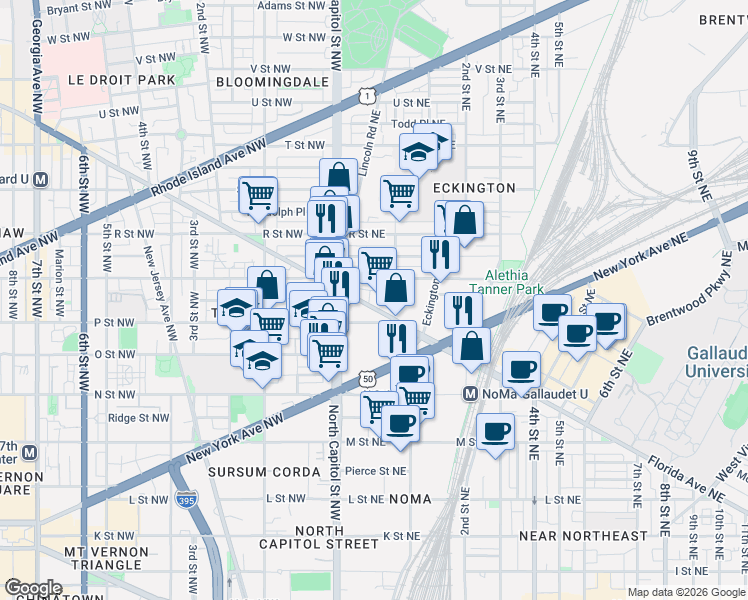 map of restaurants, bars, coffee shops, grocery stores, and more near 50 Florida Avenue Northeast in Washington