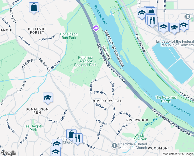 map of restaurants, bars, coffee shops, grocery stores, and more near 2756 North Randolph Street in Arlington