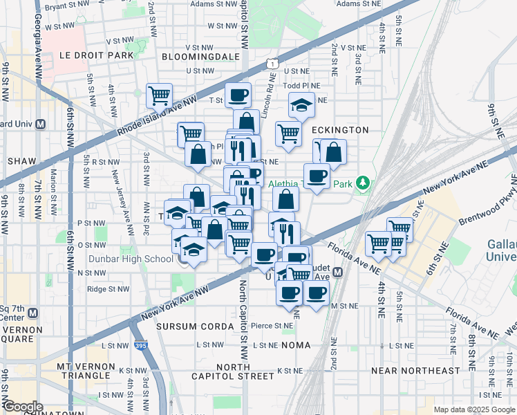 map of restaurants, bars, coffee shops, grocery stores, and more near 7 Florida Avenue Northwest in Washington