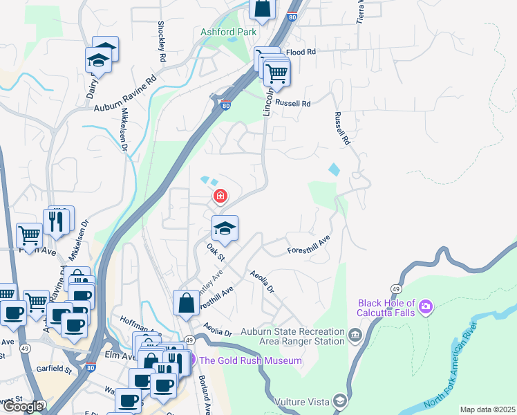 map of restaurants, bars, coffee shops, grocery stores, and more near 101 Lincoln Way in Auburn