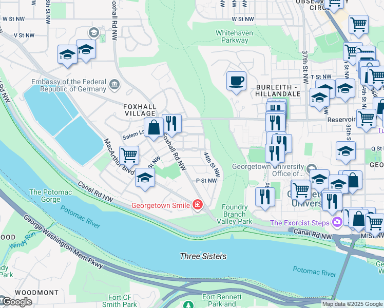 map of restaurants, bars, coffee shops, grocery stores, and more near 4430 Q Street Northwest in Washington