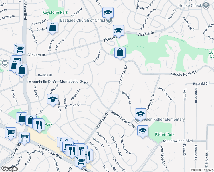 map of restaurants, bars, coffee shops, grocery stores, and more near 5389 Mira Loma Circle in Colorado Springs