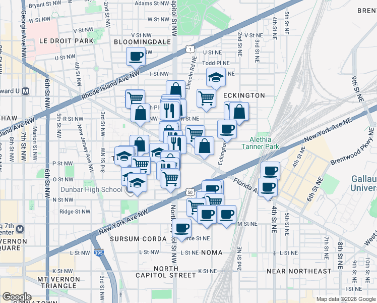 map of restaurants, bars, coffee shops, grocery stores, and more near 101 Independence Avenue Southeast in Washington