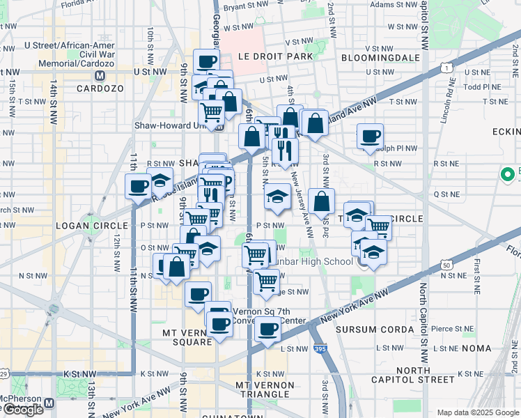 map of restaurants, bars, coffee shops, grocery stores, and more near 1524 5th Street Northwest in Washington