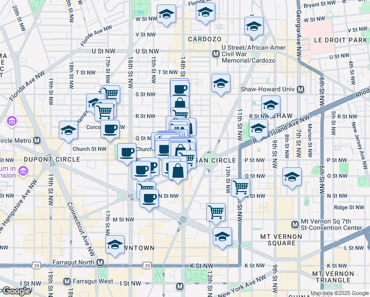 map of restaurants, bars, coffee shops, grocery stores, and more near 1525 14th Street Northwest in Washington