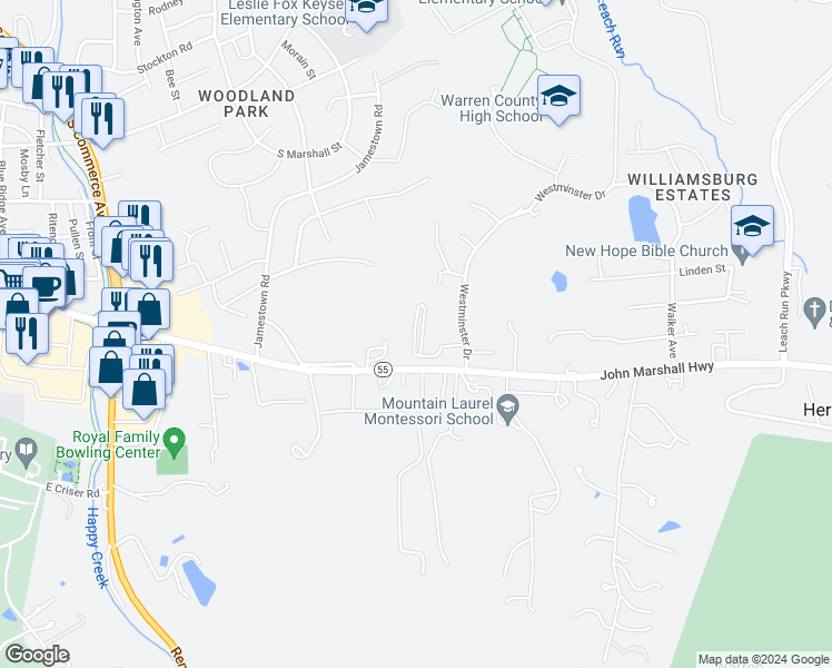 map of restaurants, bars, coffee shops, grocery stores, and more near 9 Shenandoah Commons Way in Front Royal