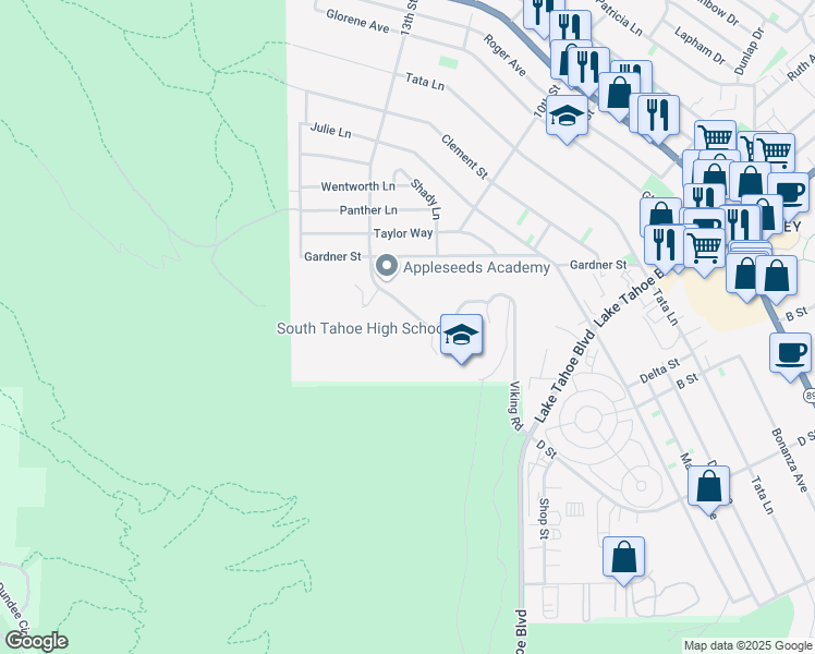 map of restaurants, bars, coffee shops, grocery stores, and more near 1735 Lake Tahoe Boulevard in South Lake Tahoe