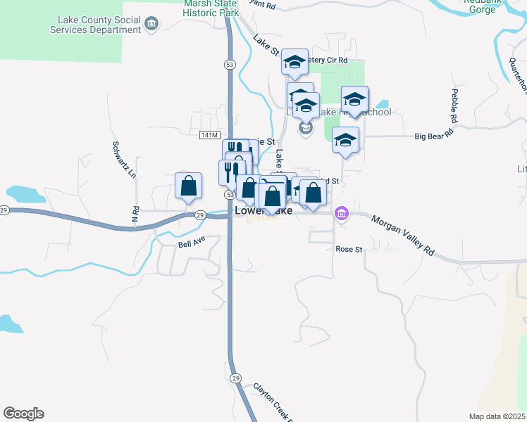 map of restaurants, bars, coffee shops, grocery stores, and more near in Lower Lake
