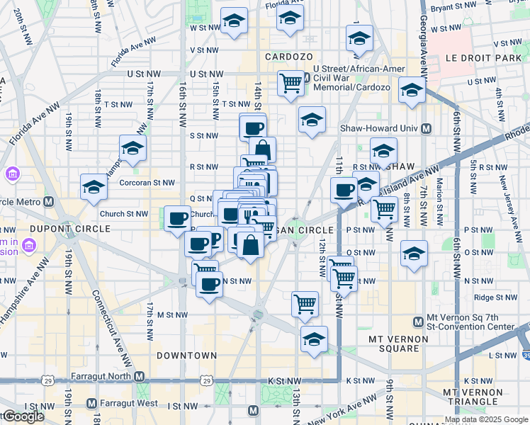 map of restaurants, bars, coffee shops, grocery stores, and more near 1525 14th Street Northwest in Washington