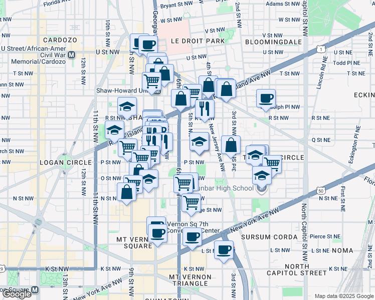 map of restaurants, bars, coffee shops, grocery stores, and more near 1524 5th Street Northwest in Washington
