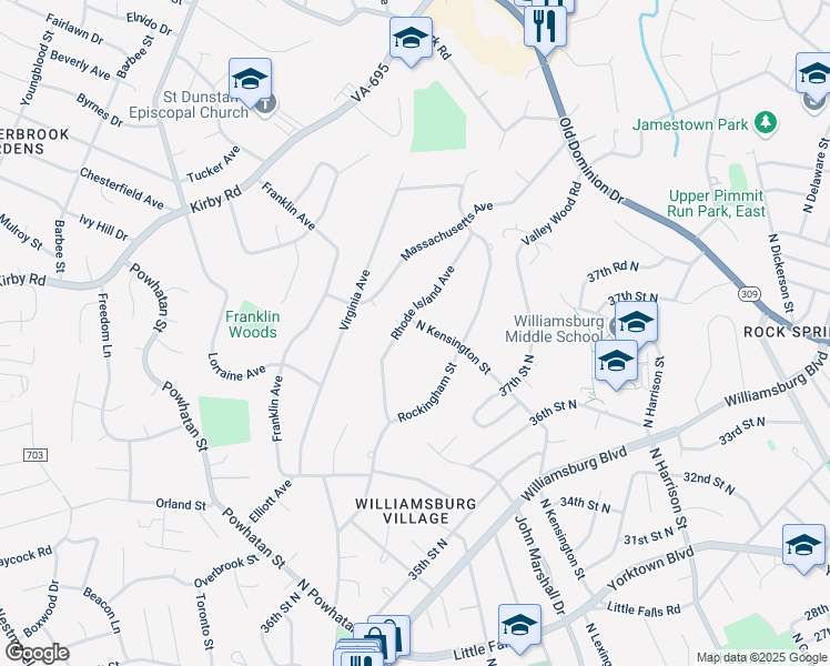 map of restaurants, bars, coffee shops, grocery stores, and more near 6323 North Kensington Street in McLean