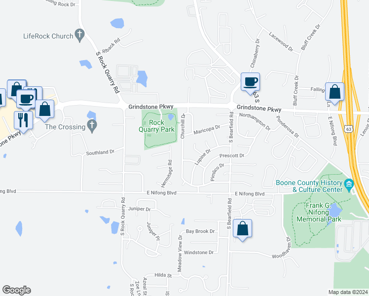 map of restaurants, bars, coffee shops, grocery stores, and more near 3537 Churchill Drive in Columbia