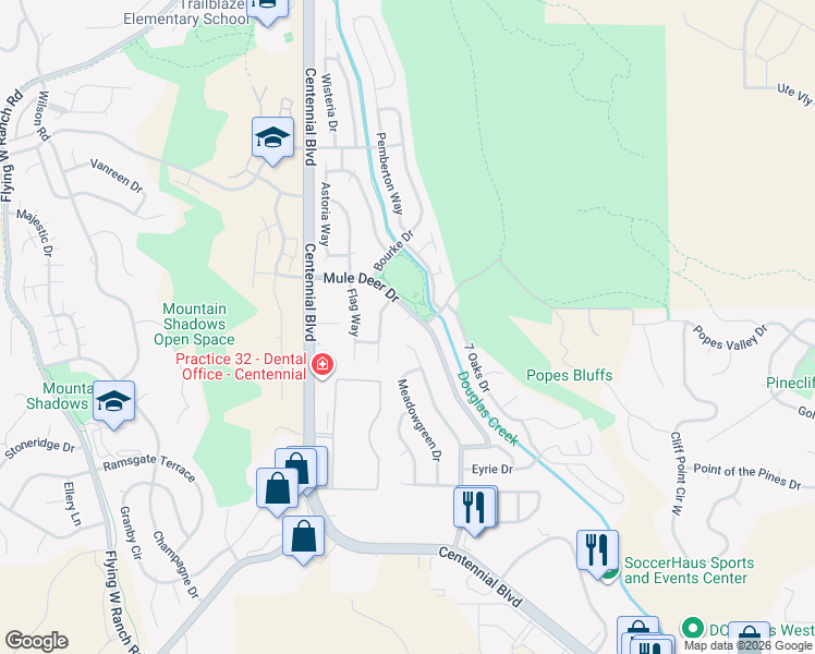 map of restaurants, bars, coffee shops, grocery stores, and more near 5520 Mule Deer Drive in Colorado Springs