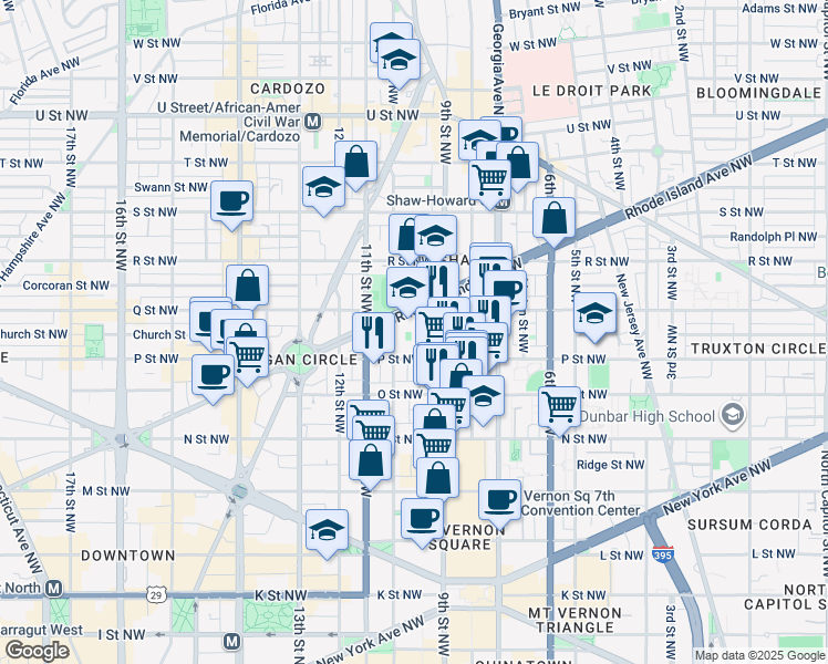 map of restaurants, bars, coffee shops, grocery stores, and more near 1503 10th Street Northwest in Washington